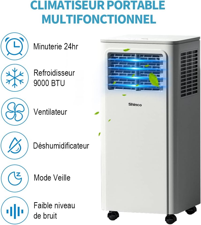 Climatiseur Mobile SHINCO 7000 BTU 3-en-1 - Télécommande, Minuteur 24h