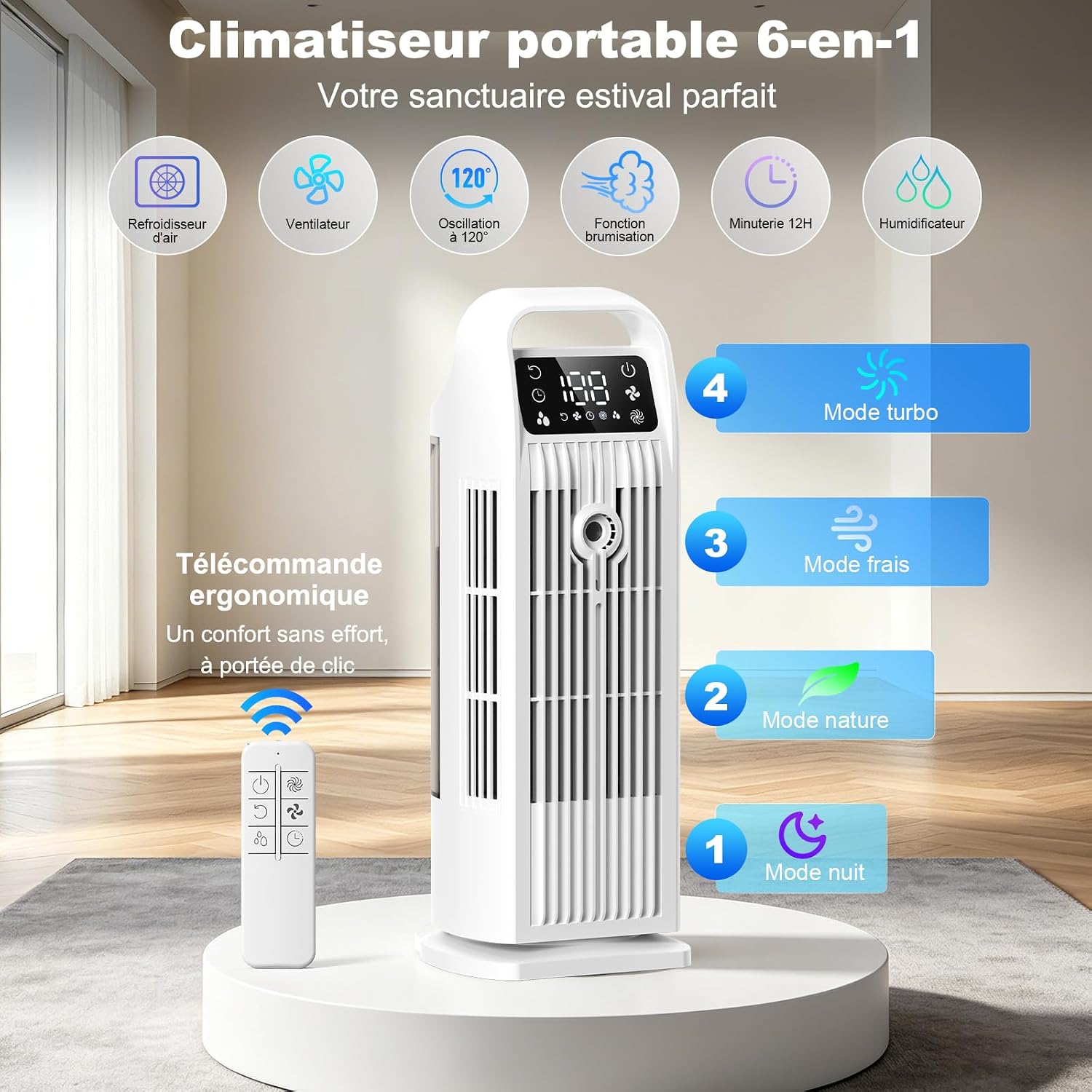 Climatiseur Mobile 4-en-1 - 7000 BTU, Déshumidificateur 19 L, Classe A
