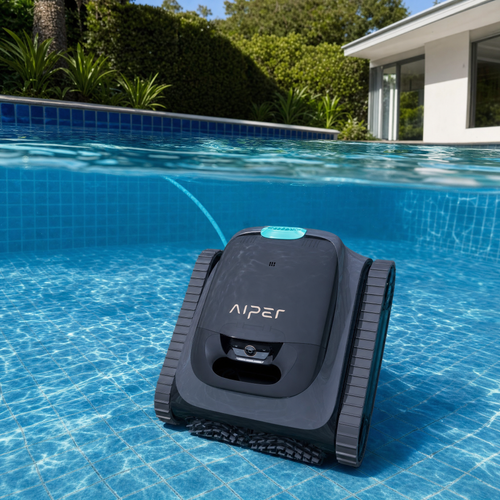 Cordless pool cleaning robot working underwater in a garden swimming pool
