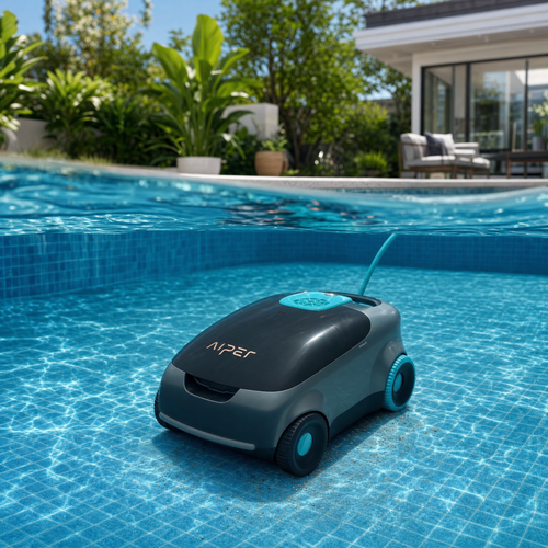 Cordless pool cleaning robot working underwater in a garden swimming pool
