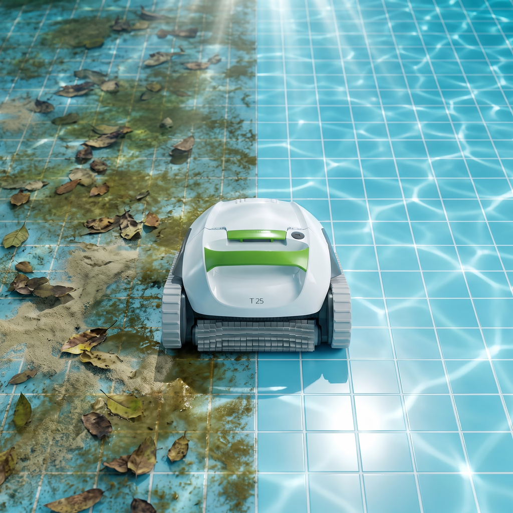 Avant / après : fond de piscine nettoyé par le T25