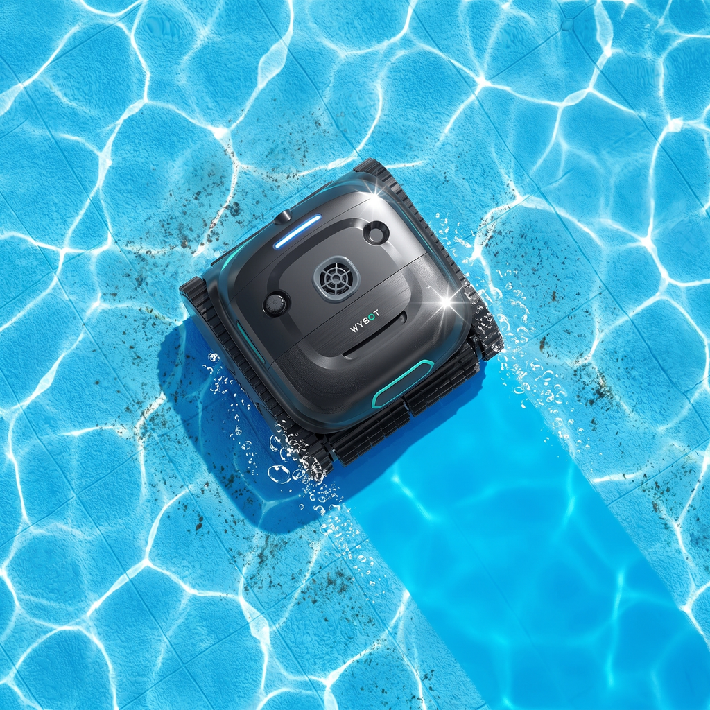 ECOKIT top — Robot piscine sans fil Wybot C2 Vision – Double filtration vue de dessus, nettoyage du bassin